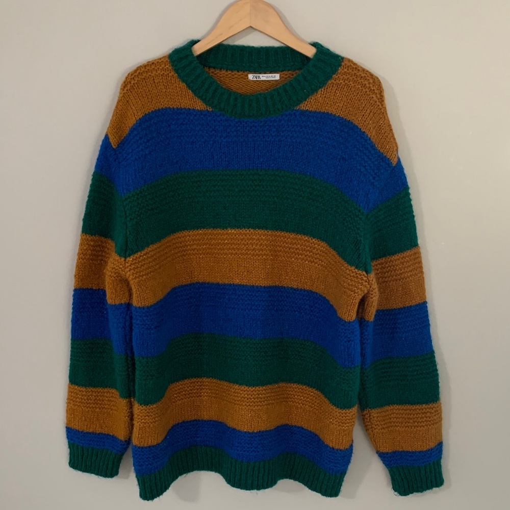 Zara Men’s Wide Stripe Alpaca Wool Blend Chunky Knit Crew Neck Sweater Size XL